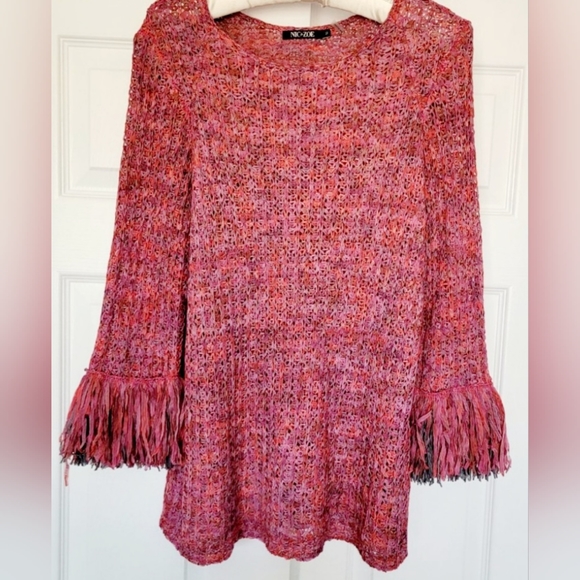 Nic + Zoe Pink & Red Airy Macrame Ribbon Knit Fringe Sweater, Medium Size, - Picture 14 of 16